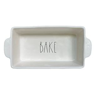 Rae Dunn BAKE Baking Dish Pan White Black Large Letters Dimples NWT 2017 OG